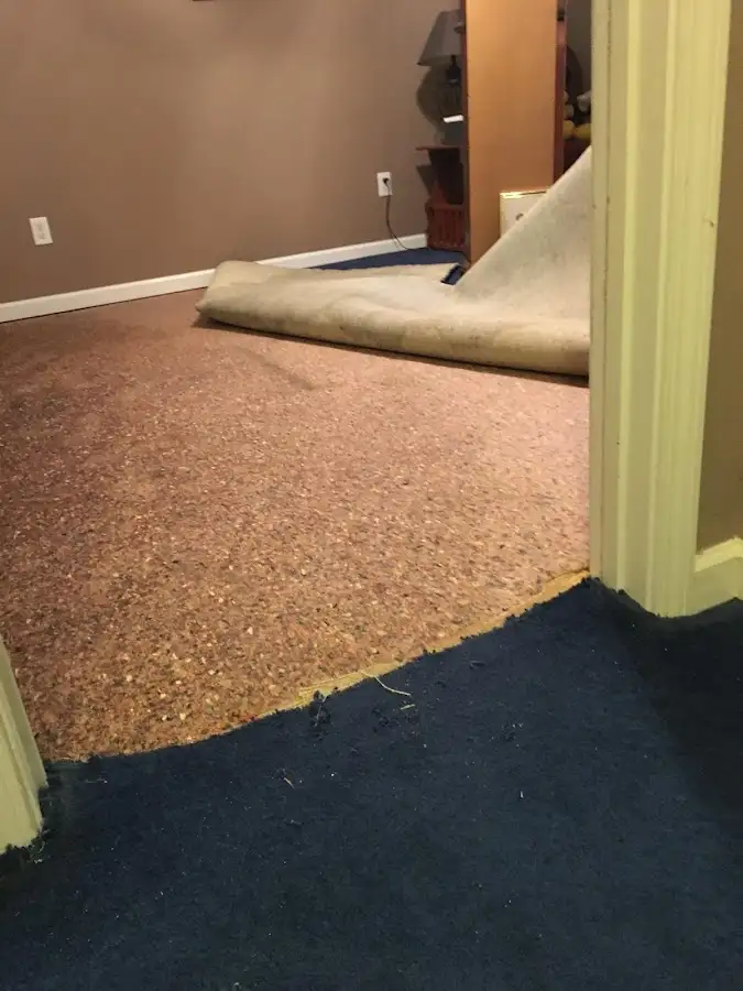 Carpet pad removal revealing water damage during Water Mitigation Services in Youngsville